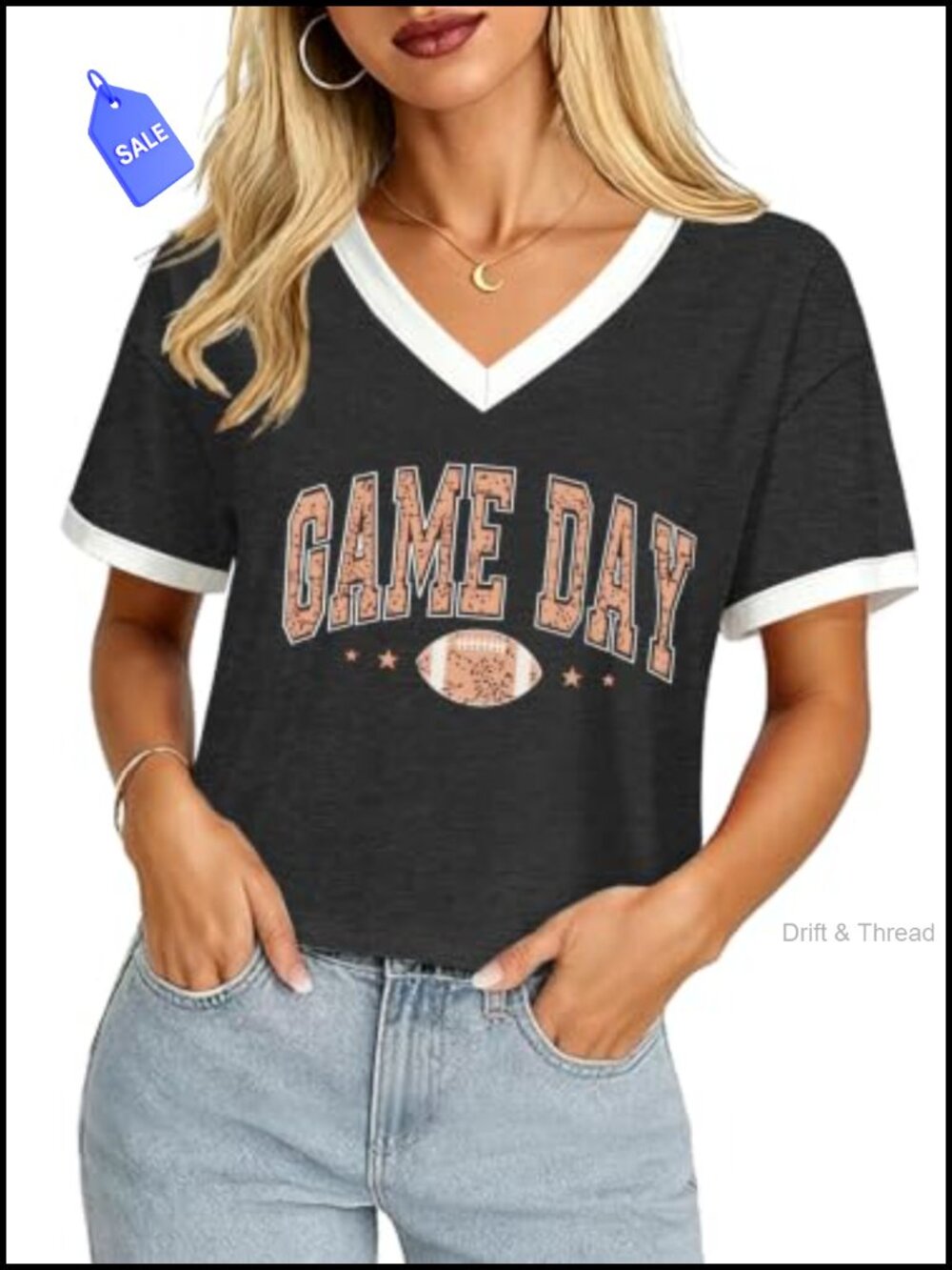Game Day Crop Top V-Neck Letter Print Tee Football Fans Short Sleeve